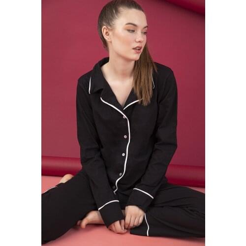Women, Black, Button, Long Sleeve, Cotton, Lycra, Pajamas Suit, Casual, home Fashions, Day-Night, Do not Sweat, Elegant, Collar, line detailed