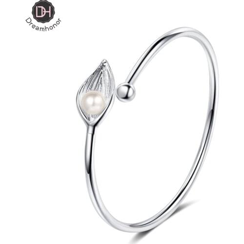 Dreamhonor 925 Silver Pearl Bangles Women Classic Handmade Silver Creative Open Cuff Bangles Jewelry