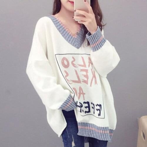2019 Autumn Winter Women Sweaters and Pullovers Sexy V neck Letters Print Pull Jumpers Chic Oversized Knitwear Femal Pullovers
