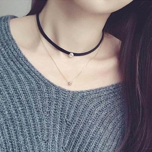 2020 Fashion Simple Delicate Zircon Choker Necklace Women Double Layer Black Leather Hot Selling New Trendy Jewelry Wholesale