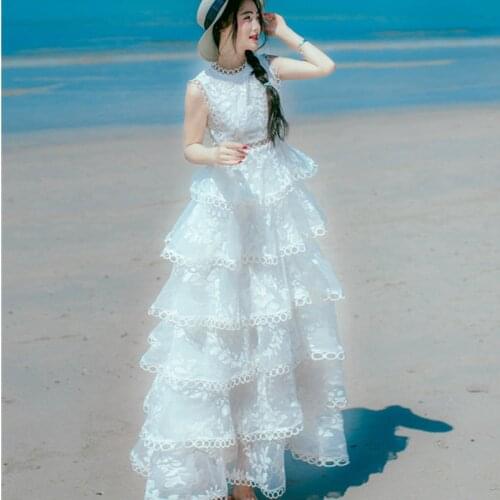 SMTHMA HIGH QUALITY Newest Fashion 2021 Designer Runway Maxi Dress Womens Embroidery Gauze Hollow Hot Patchwork Tank Long Dress