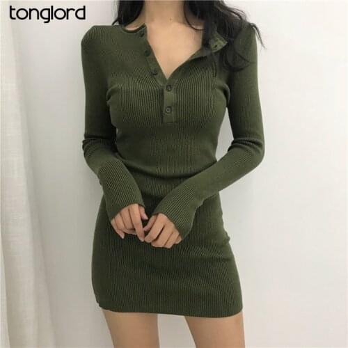 Women Long Sleeve Knitted Dress Autumn Winter Bottoming Sweater Dresses Female Buttoms O-Neck Desses For Holiday Mujer Vestidos