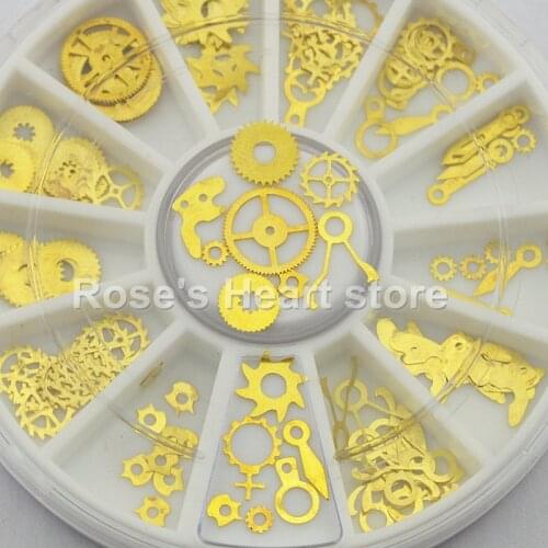 12 mixed Designs gold metall Beauty Gearwheel 3D nails foils decals slice wheel nail art decorations tools