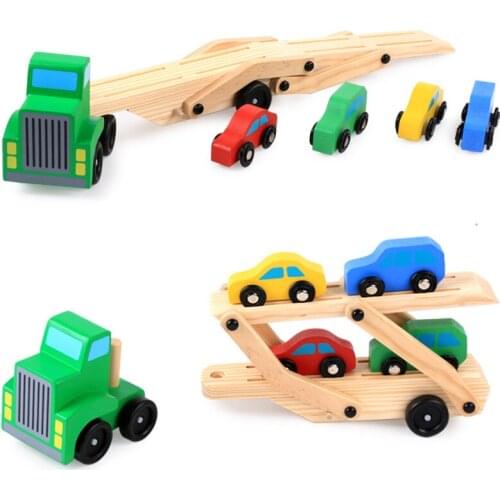 5pcs Wooden Double Decker Truck Toy Transport Carrier Truck + 4 Cars, Simulation Toy Car Model for Children Kids Birthday Gifts