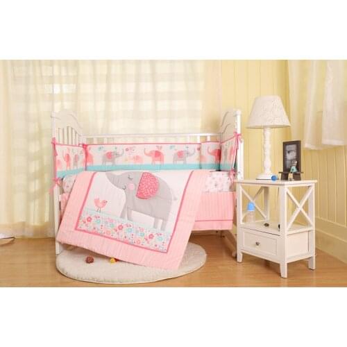 7PCS embroidery pink elephant Baby Nursery Comforter Cot Crib Bedding ropa de cuna (4bumpers+duvet+bed cover+bed skirt)