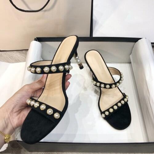 Kmeioo summer dress shoes open toe high heels pearl sandals women thin heel pumps slip-on stiletto for women party