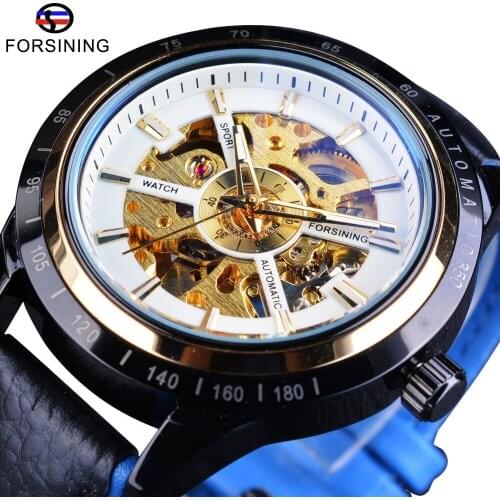 Forsining Blue Genuine Leather Belt Transparent Skeleton Men Watch Top Brand Luxury Automatic Military Sport Wrist Watch Clock