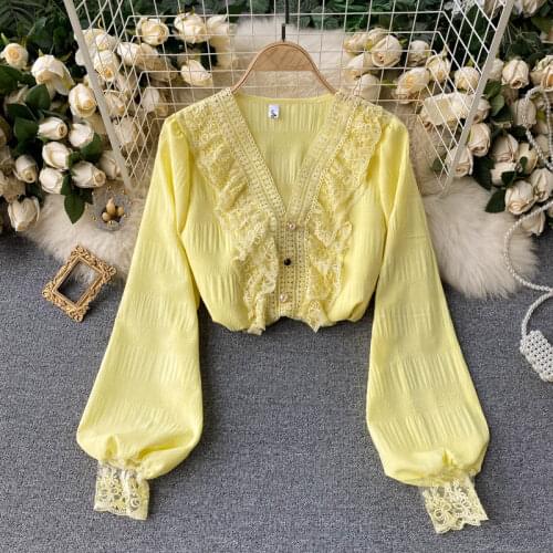 Women Blouse Euro Chiffon Single Breasted Tops Ruffles Hem Long Puff Sleeve Ladies Slim Loose Shirts Elegant Blusas Femininas