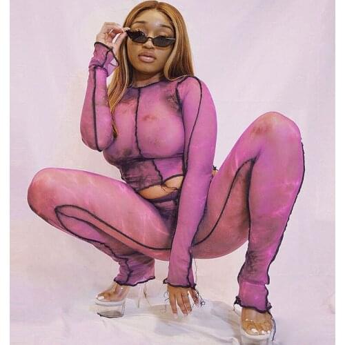 Women Transparent Mesh Tie Dye Print Patchwork Tracksuits Skinny Long Sleeves Crop Top + High Waist Pants Women Sets