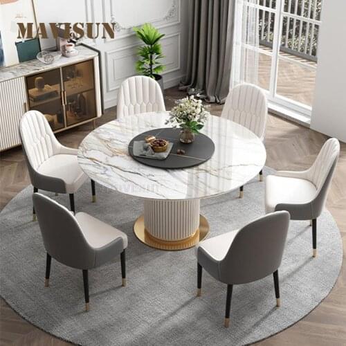 Glossy Rock Board Dining Table Light Luxury High-End White Round Kitchen Table And Chairs Combination Restaurant Furniture