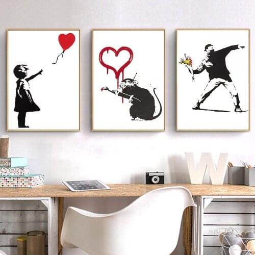 Graffiti Art Girl with Red Balloon Black and White Canvas Painting Posters and Prints Wall Art Nordic Living Room Home Decor