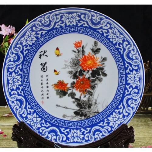 Exquisite Chinese Handmade Ornament Blue and White Porcelain Plate, Painted with Colorful Chrysanthemum