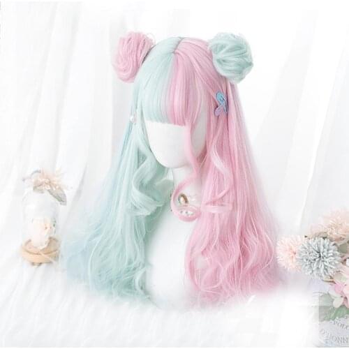 Cosplaymix 57CM Lolita Makaron Color Pink Mixed Mint Green Blue Ombre Long Curly Bangs Cute Synthetic Buns Cosplay Wig