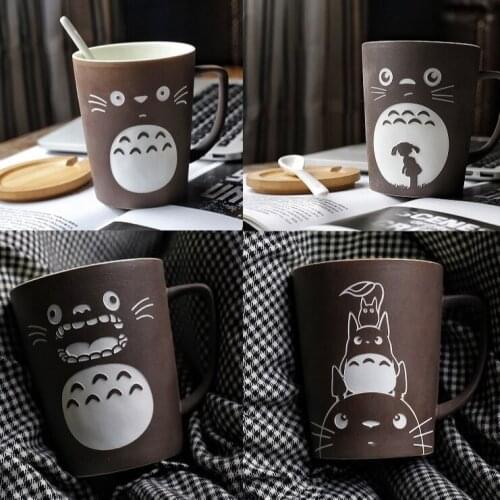 Totoro Theme Milk / Coffee Mugs With Cover and Spoon Pure Color Mugs Cup Kitchen Tool Gift