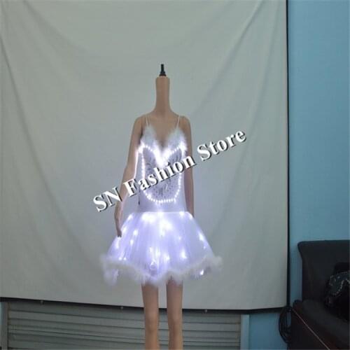 L103 White led light costumes ballroom dance women dresses luminous swan lake ballet skirt glowing girls stage wears bar party