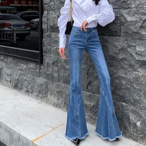 Fashion Light Blue Tassel Flare Jeans Women Spring High Waist Slim Vintage Denim Bell-Bottom Pants Office Lady Washed Trousers
