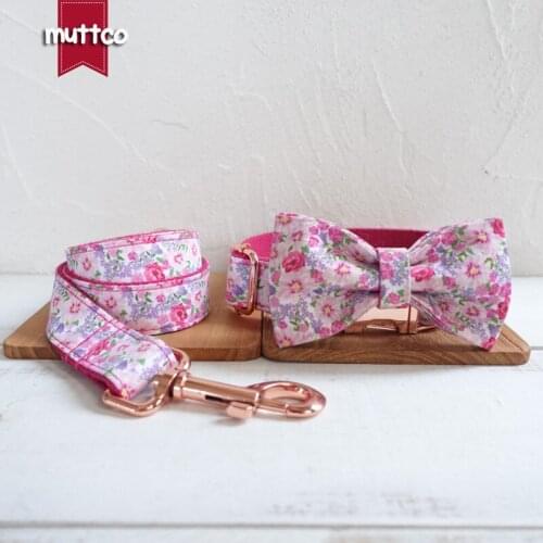 MUTTCO retailing handmade particular collar THE PINK FLOWER fashionable glossy dog collar and leash with bow tie 5 sizes UDC048M
