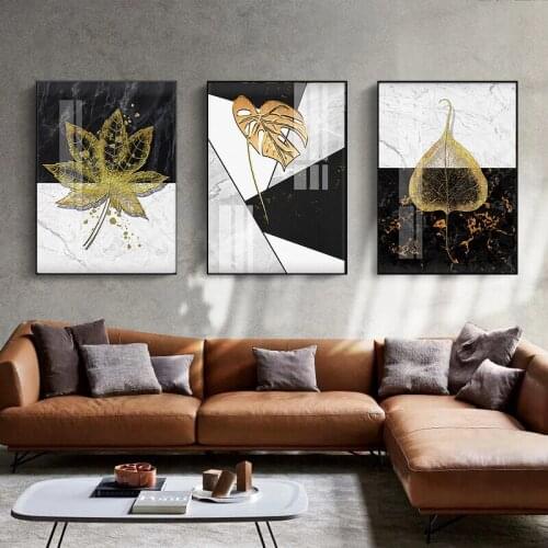 Nordic Golden abstract leaf flower Wall Art Canvas Painting Black white feathers Poster Print Wall Picture for Living Room Decor