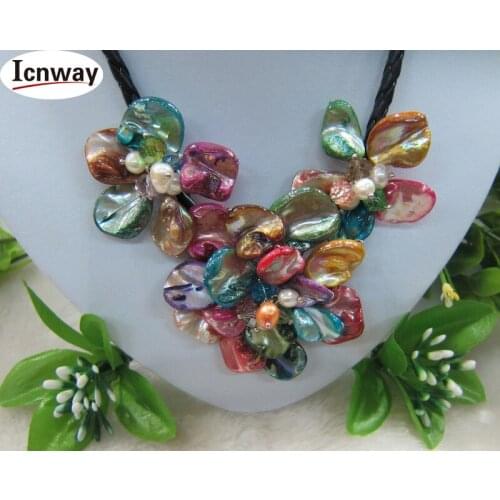 Natural 7-8mm baroque Freshwater Pearl and 30mm 40mm multicolor shell flowers gp clasp 18inches necklace Wholesale