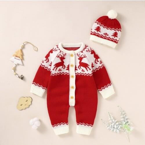 2021 New Winter Infant Baby\s Christmas Long Sleeve Jumpsuit with Hat Cute Girls Boys Fawn Knitted Single-breasted Rompers