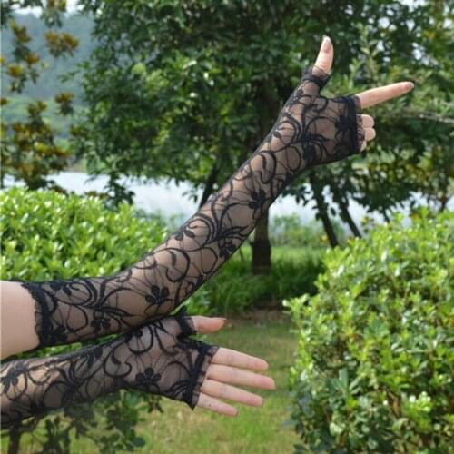 Sexy Black Lace Sunscreen Glove Female Half Finger Long Thin Ice Silk Arm Sleeve Summer Sunshade UV Cycling Driving Mittens K65