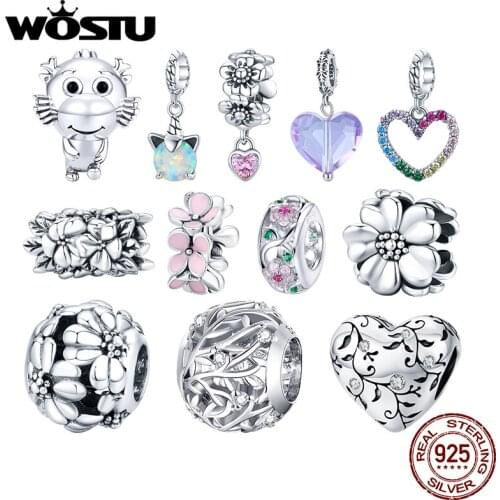 WOSTU Authentic 925 Sterling Silver Heart Flowers Elf Beads Charms Pendant Fit Bracelets Women DIY Fine Jewelry Gift Making