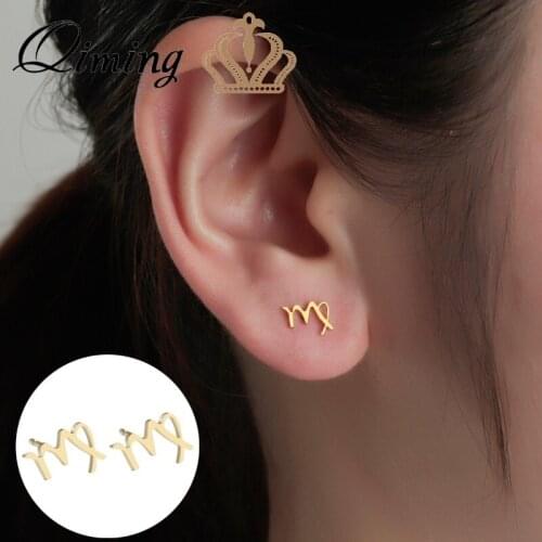 QIMING New Brand Stud Earrings Gold Fashion Jewelry Zodiac 12 Constellation Virgo Pendant Earrings For Women Gifts