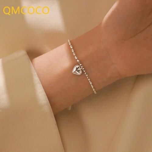 QMCOCO 925 Silver Bead Chain Bracelet For Women Girl New Fashion Simple LOVE Heart-Shape Pendant Birthday Party Jewelry Gifts