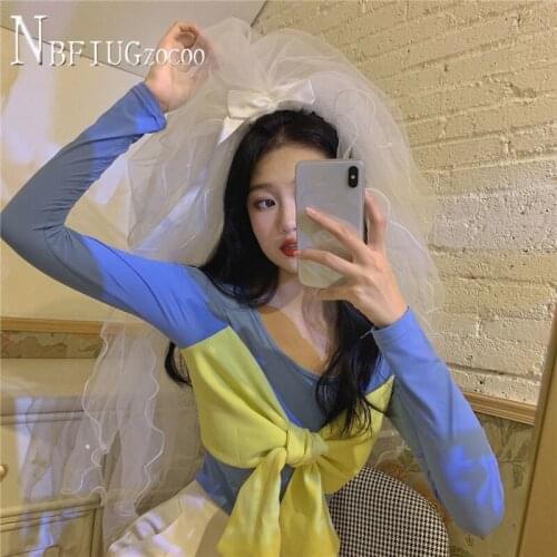 Blue And Yellow Color Long Sleeve Women T Shirt Round Neck Bowknot Female Tee Tops