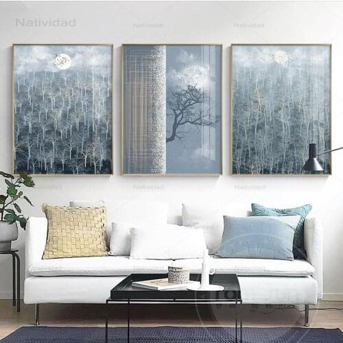 Modern Wall Art Posters Painting Pictures Beautiful Forest Scenery Under Moonshine Nordic Wall Prints for Living Room Home Decor