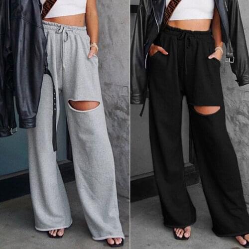 Fashion High Waist Sweatpants Women New Hole Mopping Casual Pants Sports Pants Wide Leg Pants