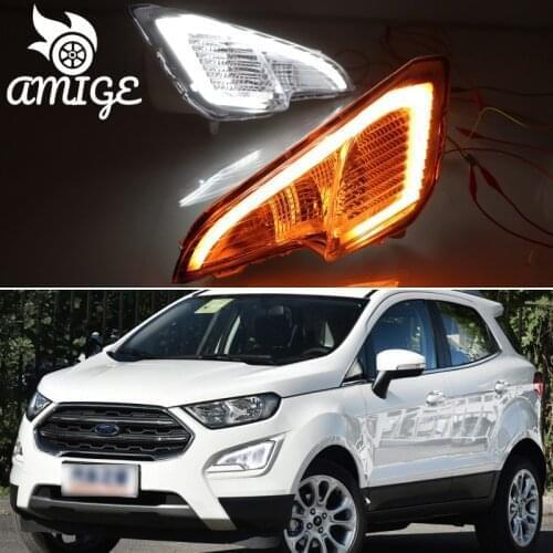 LED DRL Daylights For Ford Ecosport 2018 2019 Yellow Turn Signal Headlamps LED Daytime Running Headlights 12V Fog Lamps