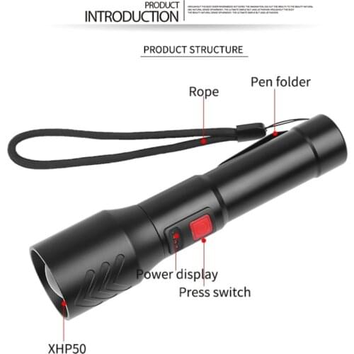 XHP50 LED Pocket Flashlight Strong Light Zoom LED Lamp USB Rechargeable Portable Outdoor Flashlight Waterproof With Hook Clip