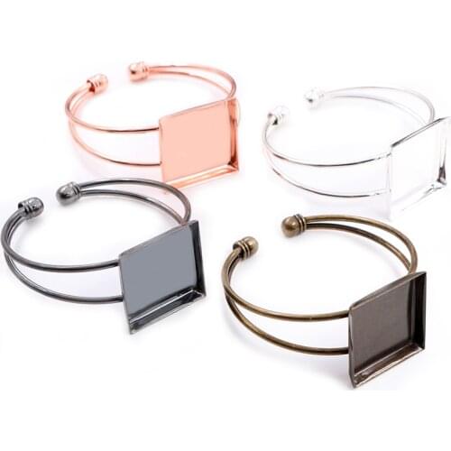 High Quality 25mm Silver Plated Bronze 4 Colors Square Bangle Base Bracelet Blank Findings Tray Bezel Setting Cabochon Cameo