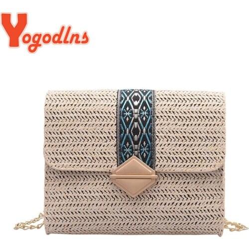 Yogodlns Summer Straw Shoulder Bag Female Chains Design Crossbody Bag Small Square Bag Bohemia Rattan Messenger Beach Bag Bolsas