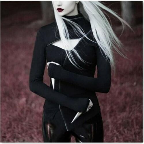 Women Slim Shirt Black Zip Assassin Gothic Cosplay Long Sleeve Top