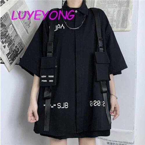 Harajuku Oversize Single Breasted Safari Style Women Ribbon Pockets Cool Shirts Black Gothic Lady Street Loose Shirt Summer Top