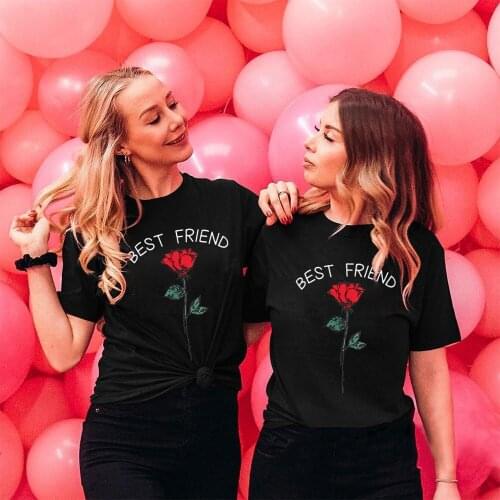 New Fashion Best Friend Letters Prints Womens T-shirts Rose Printed T Shirts Women Causal O-Neck Summer Top Harajuku Tops
