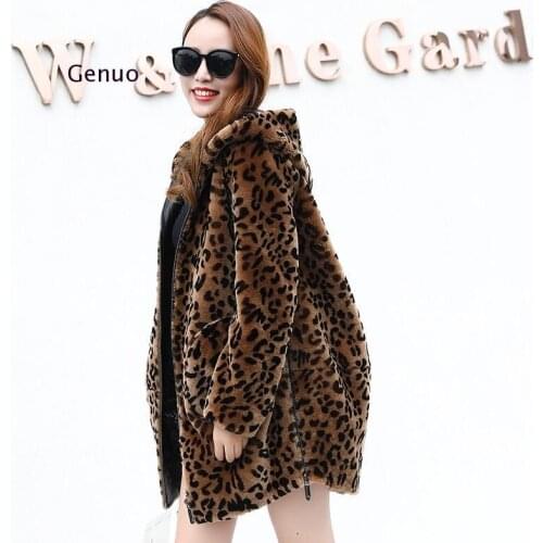 Women Leopard Faux Fur Coats Winter Warm Thick Hooded Jacket New Fashion Long Sleeve Zipper Loose Plus Size Jacket