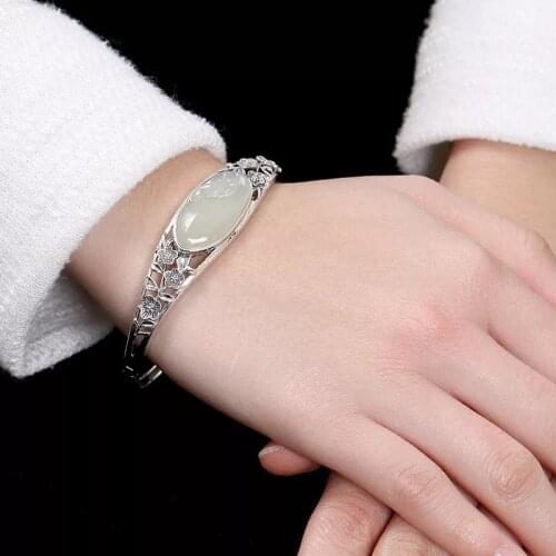 S925 Sterling Silver Hetian Jade Bracelet Female Plum Flower Carved Thai Silver Bracelet Silver Inlaid with Jade Ornamental