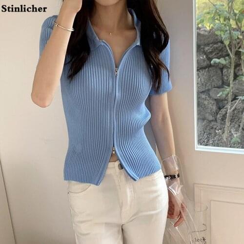 Summer short-sleeved lapel zipper knit cardigan women sweater casual slim ladies fashion ice silk all-match top clothes