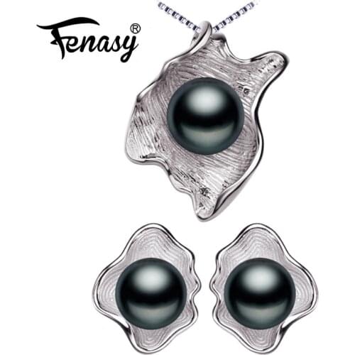 FENASY Pearl Jewelry Sets natural Pearl Pendant chain necklace 925 sterling silver stud earrings for women shell shape