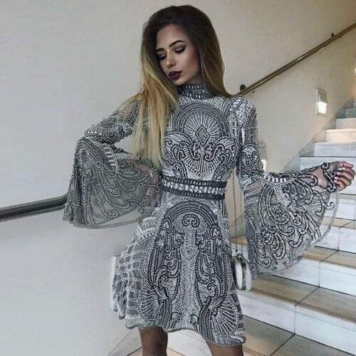 Pretty Geometric Sequin Flare Sleeve Femme Dress Long Sleeve Mock Neck Women Ruffle Tight Waist Mini Bodycon Mesh Club Dress