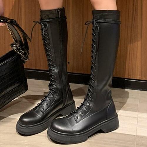 2020 Winter Warm Ladies Genuine Leather Handmade Zipper Boots Cross-tied Knee High Ckunky Platform Boots Women Fashion Shoes