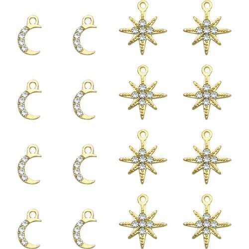 10Pcs Mixed Golden Alloy Mini Star/Moon Charms Shiny Rhinestone Metal Crescent Stars Earring Pendant For DIY Jewelry Accessories