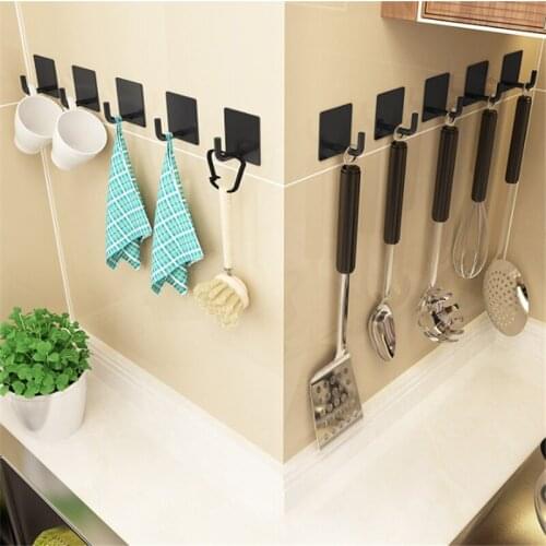 5Pcs Kitchen Hooks Black Stainless Steel Towel Hook Robe Hook Wall Hanger Bathroom Accessory Organizer Clothes Rack Home Storage