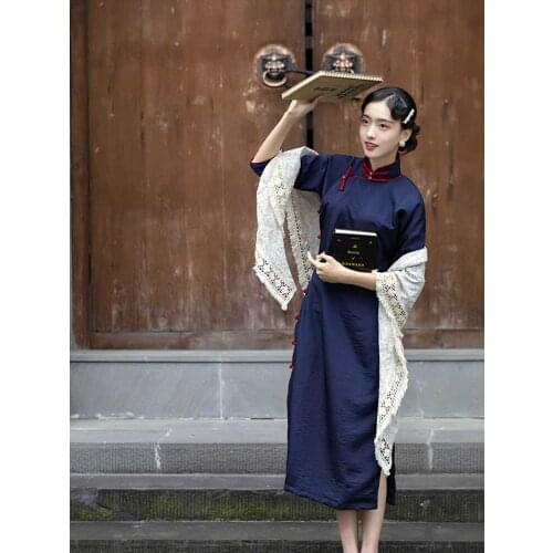 Qipao Dresses Blue Satin Cheongsam Dress Large Size One Piece Cheongsams Retro Traditional Qipao Chinese Dress Oriental Dress