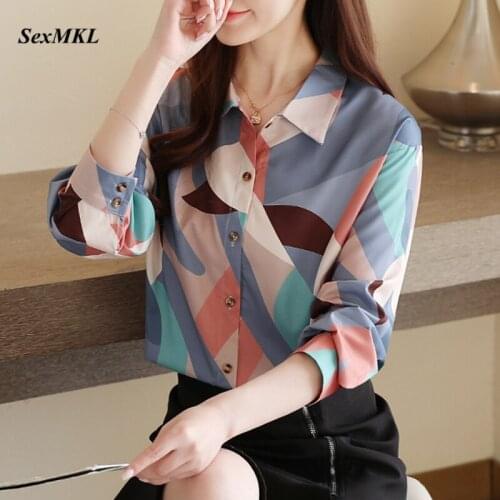 S-XXL Vintage Chiffon Office Blouses Womens 2020 Fashion Long Sleeve Printed Korean Blouse Women Clothing Elegant Tops Skirts