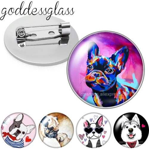 Cartoon Dog Lovely dogs Pet Bulldog Pug spotted dog Round Glass cabochon Brooch Dome Photo Jewelry Brooches Pin For Gift