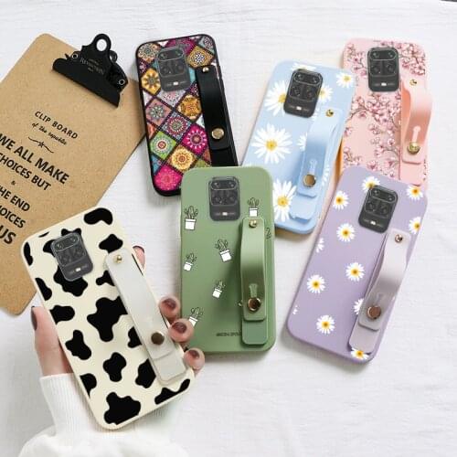 For Xiaomi Redmi Note 9 Pro Max 9S Case Flowers Cover For Xiaomi Redmi Note9 Note9ProMax Wrist Strap Holder Silicone Bumper Etui